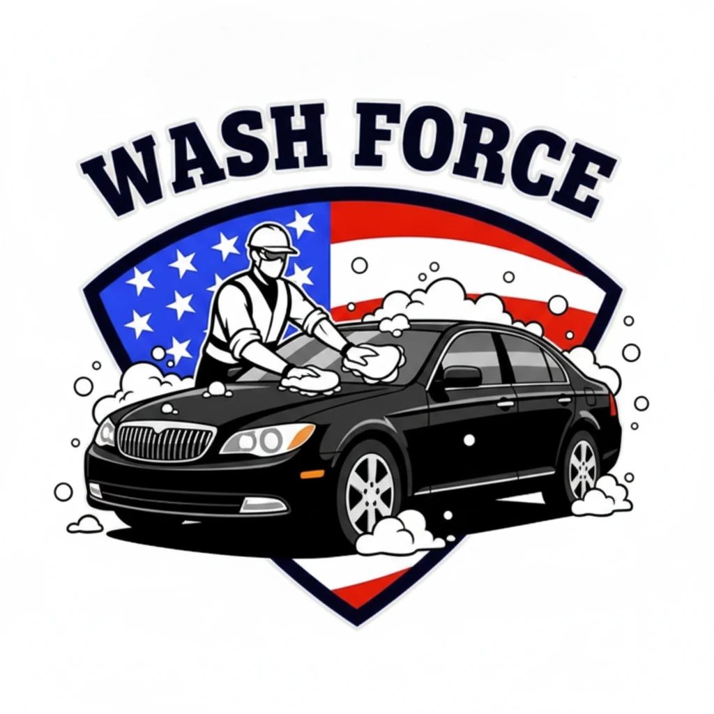 Wash Force Auto Spa emblem — crew member hand washing a sedan inside the stars-and-stripes shield