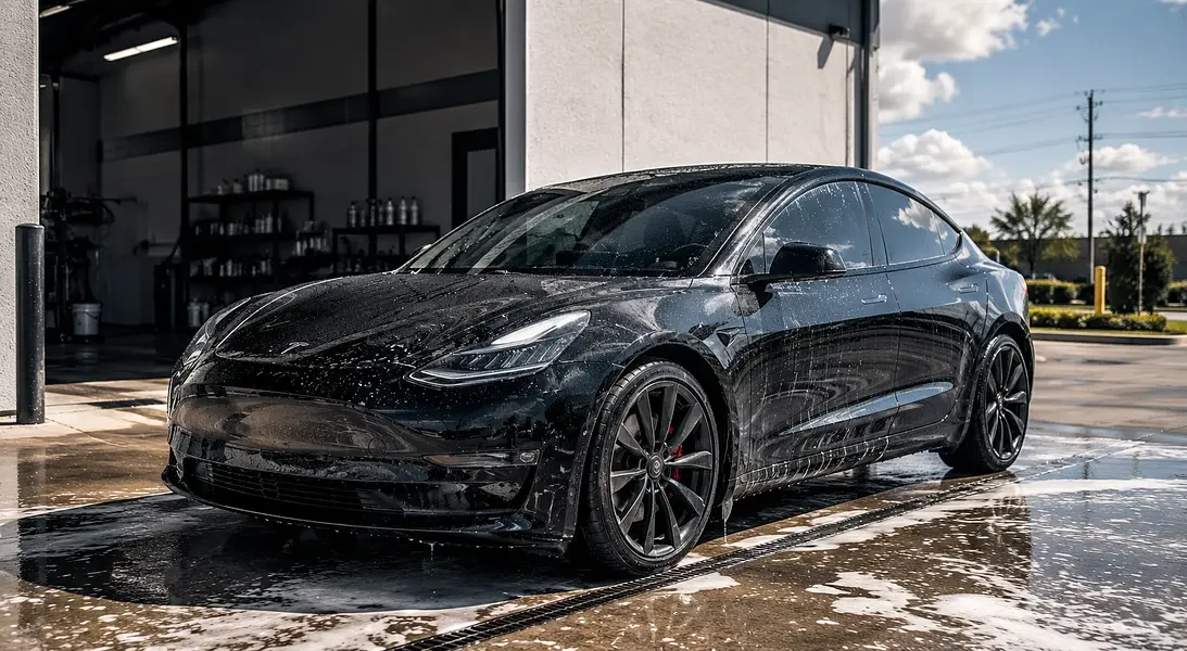 Freshly detailed black sedan outside the Wash Force Auto Spa shop bay