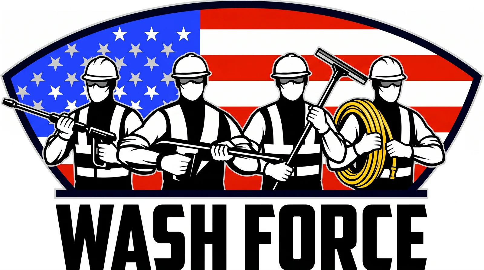 Wash Force crew emblem — uniformed pressure washing team with equipment